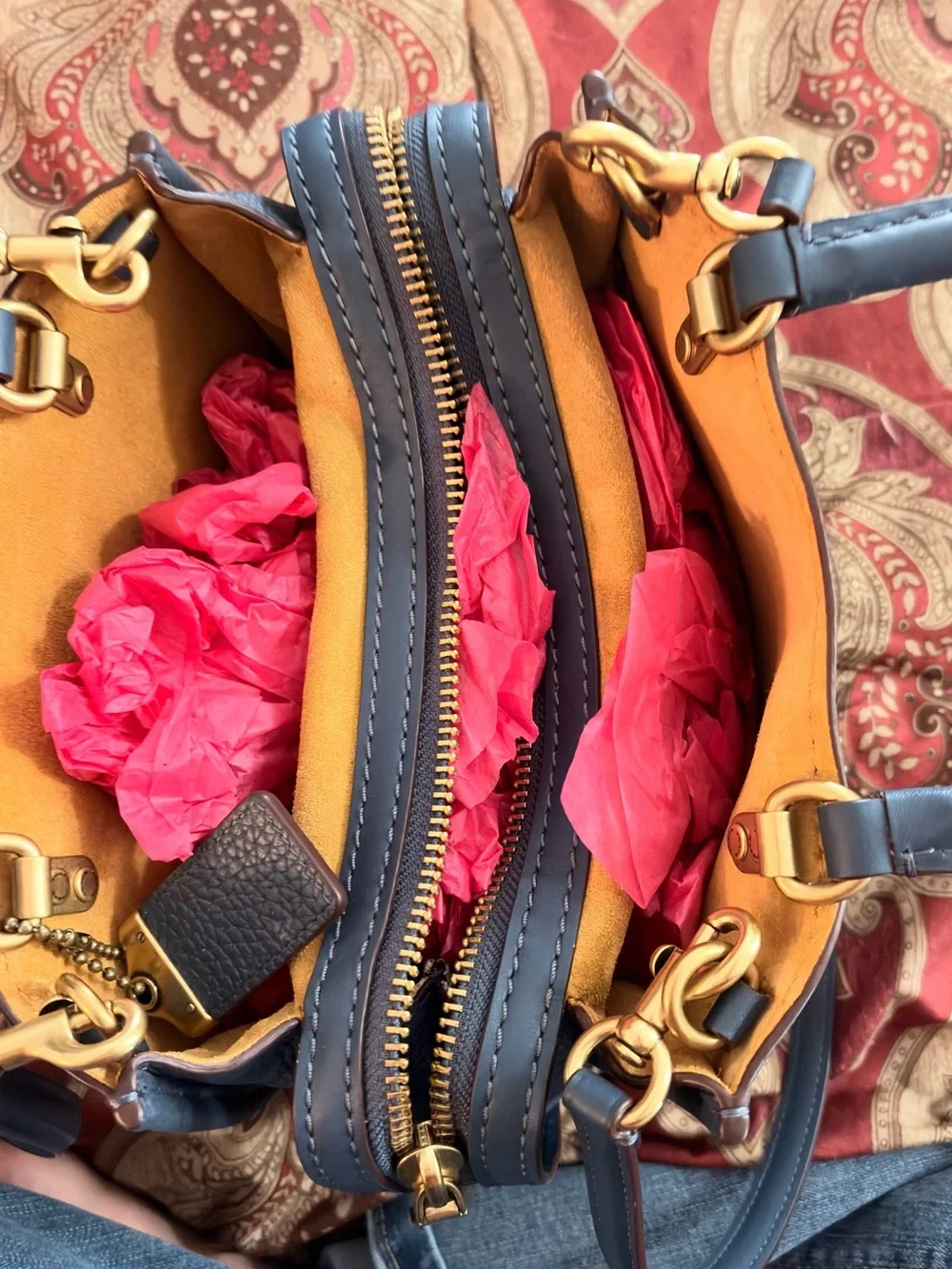 Coach 1941 Rogue 30 Navy Blue Pebbled Leather Mustard Suede Rare